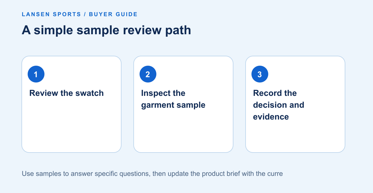 Diagram: A simple sample review path. Review the swatch; Inspect the garment sample; Record the decision and evidence